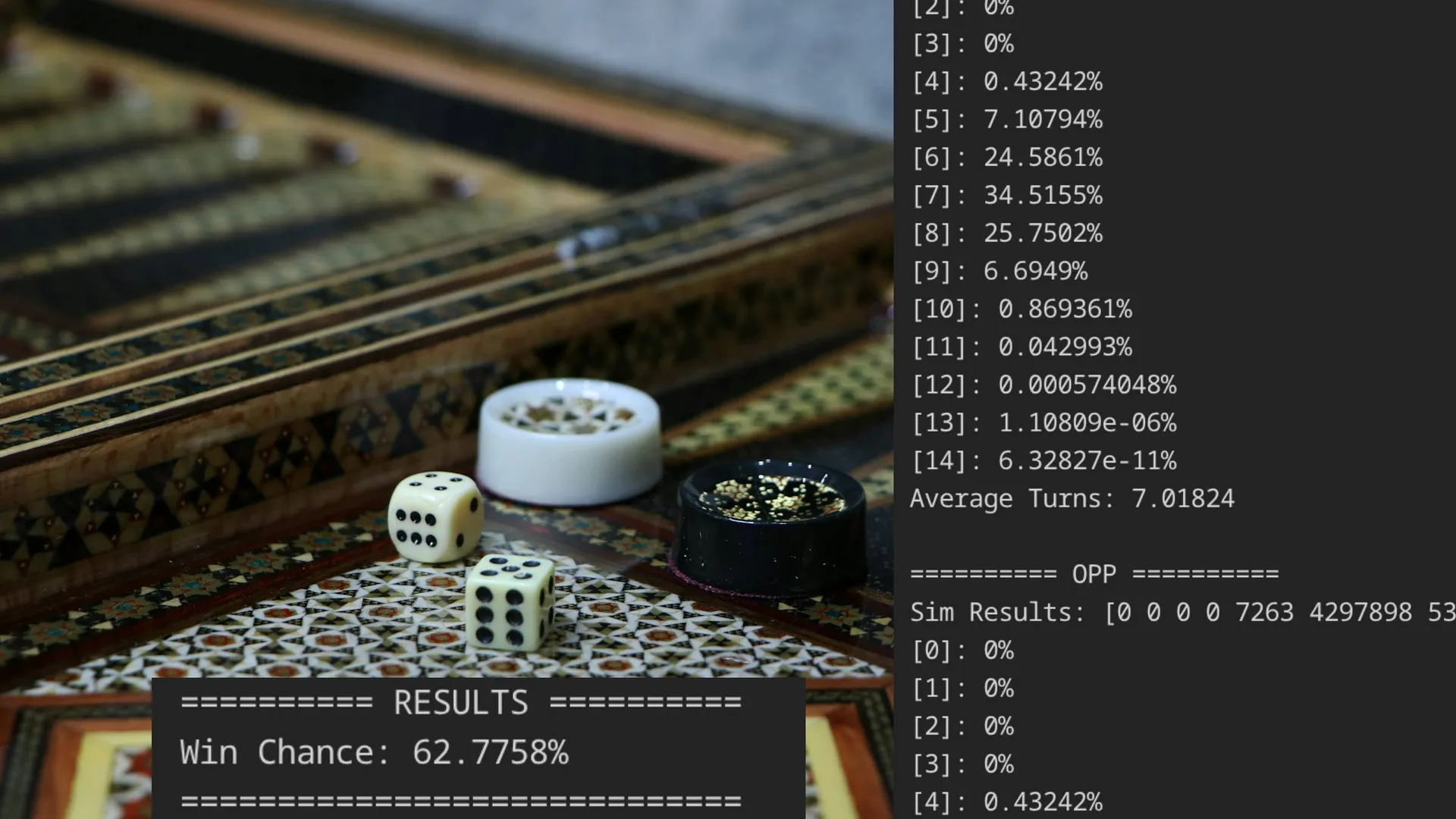 backgammon board with console text showing different win chances